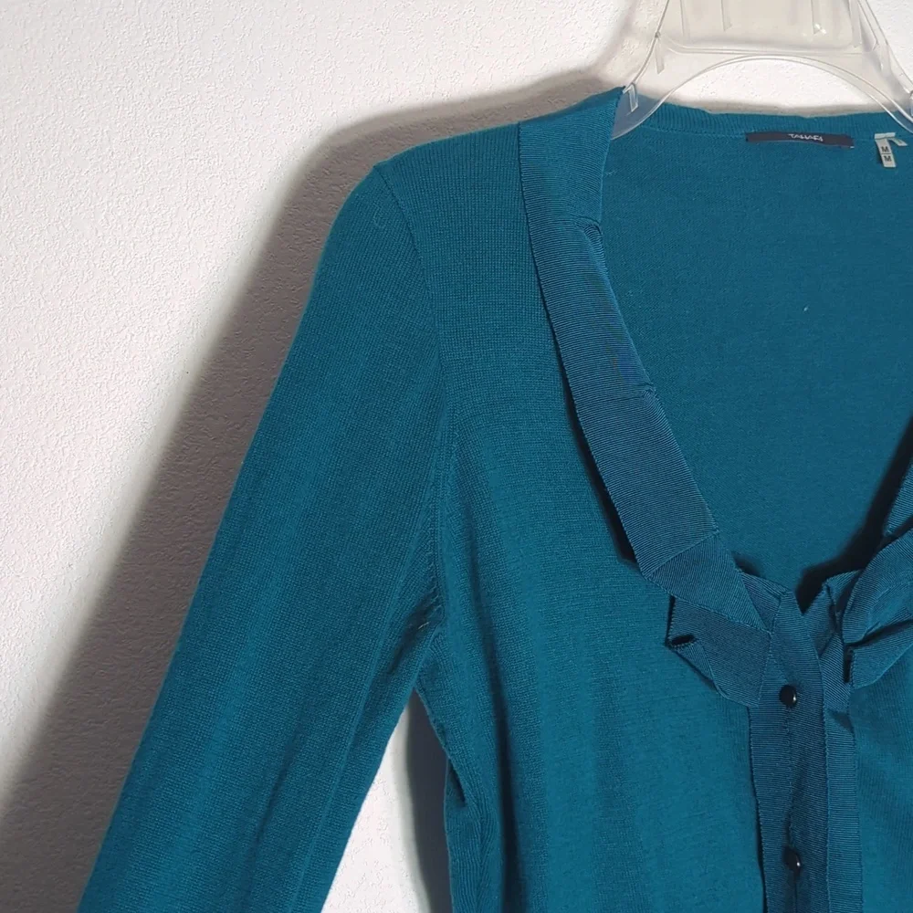 Tahari Womens Cardigan Sweater Teal Green Quiet Luxury Jewel Tone‎ Ribbon Medium